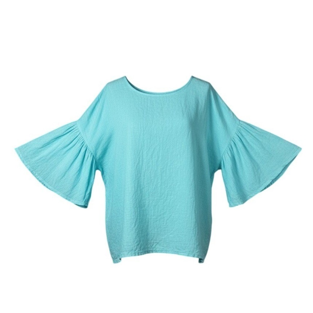 Match‎ Point 100% Linen Bell Sleeve Round Neck Top Turquoise Sz XL Made USA